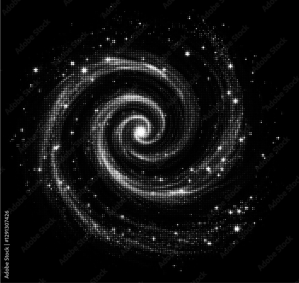 Vector illustration of a mesmerizing spiral galaxy, composed of white dots on a black background. The design radiates cosmic beauty and mystery, capturing the essence of the universe's swirling energy Vector illustration of a mesmerizing spiral galaxy, composed of white dots on a black background. The design radiates cosmic beauty and mystery, capturing the essence of the universe's swirling energy