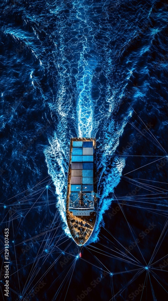 Amidst a dark blue sea, a cargo ship paints artistic trails, embodying the progress and motion inherent in global trade and maritime strength symbolization. Amidst a dark blue sea, a cargo ship paints artistic trails, embodying the progress and motion inherent in global trade and maritime strength symbolization.
