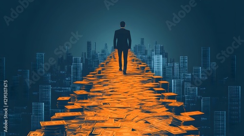 Financial progress visualization, businessman on a golden pathway of stacked currency, sleek flat vector photo