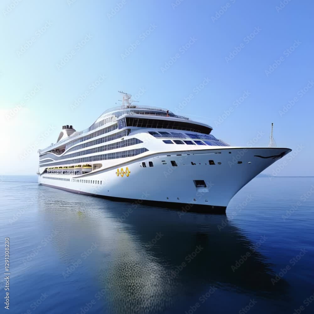 Luxury cruise ship gliding across calm waters during a serene sunset in the open sea Luxury cruise ship gliding across calm waters during a serene sunset in the open sea