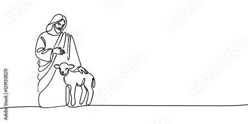 continuous drawing of Jesus Christ with a lamb. one line vector illustration of Jesus Christ with a lamb in his hands