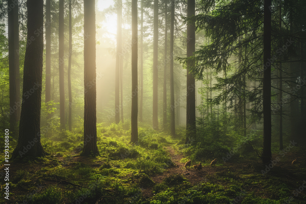 A misty morning in a dense pine forest, where fog rolls over the ground and between the towering trees. A few wild rabbits hop along the forest floor, and the sun's first rays shine through the haze. A misty morning in a dense pine forest, where fog rolls over the ground and between the towering trees. A few wild rabbits hop along the forest floor, and the sun's first rays shine through the haze.