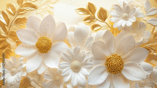 3D white daisies with golden leaves, a golden background, a white and gold color scheme, ultra-high definition details, delicate texture, a symmetrical
