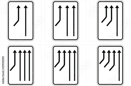 Set of six road signs indicating allowed directions of travel in each lane, guiding traffic flow and lane management