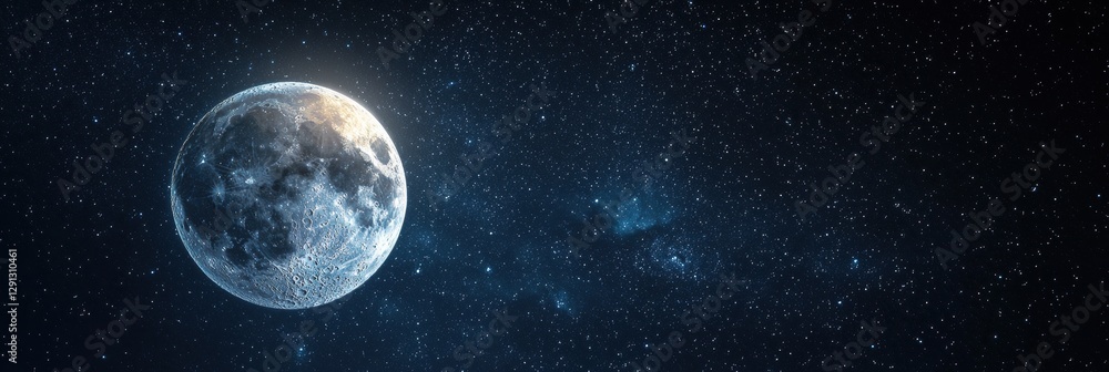 Naklejka premium 3d background minimalistic mockup with space for text, realistic night sky full of bright stars and a glowing full moon