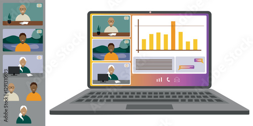 Video call conference working from home Colleagues of different nationalities and ages talk to each other on the laptop screen Isolated illustration on white background in flat style trendy colors
