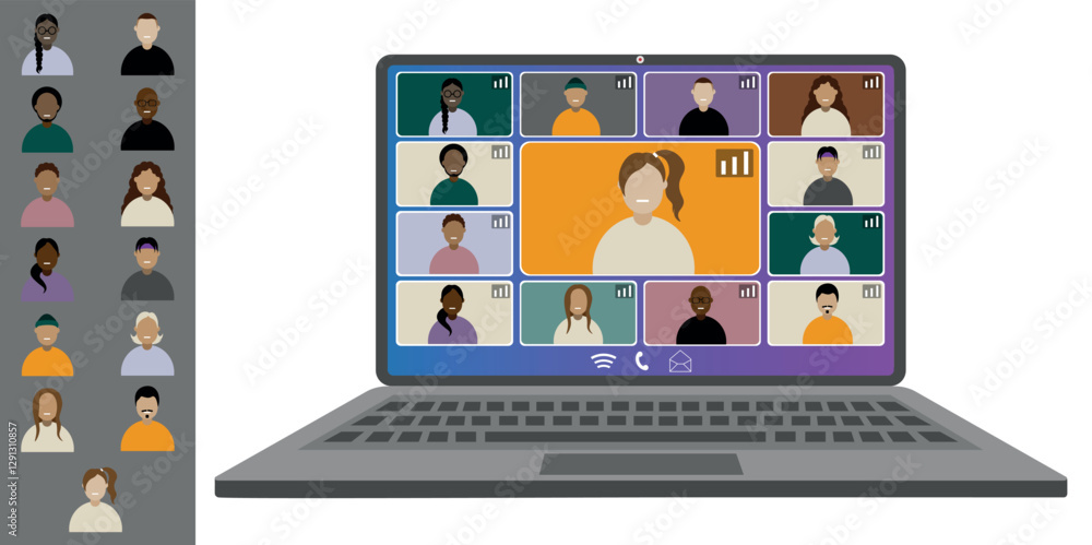 Video call conference working from home Colleagues of different nationalities and ages talk to each other on the laptop screen Isolated illustration on white background in flat style trendy colors Video call conference working from home Colleagues of different nationalities and ages talk to each other on the laptop screen Isolated illustration on white background in flat style trendy colors