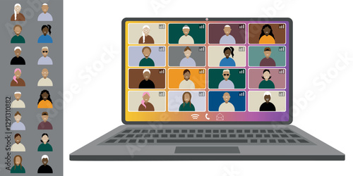 Video call conference working from home Colleagues of different nationalities and ages talk to each other on the laptop screen Isolated illustration on white background in flat style trendy colors