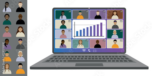 Video call conference working from home Colleagues of different nationalities and ages talk to each other on the laptop screen Isolated illustration on white background in flat style trendy colors