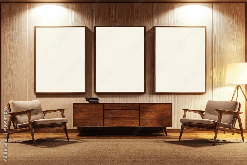 Mid-century modern room with blank art display Mid-century modern room with blank art display