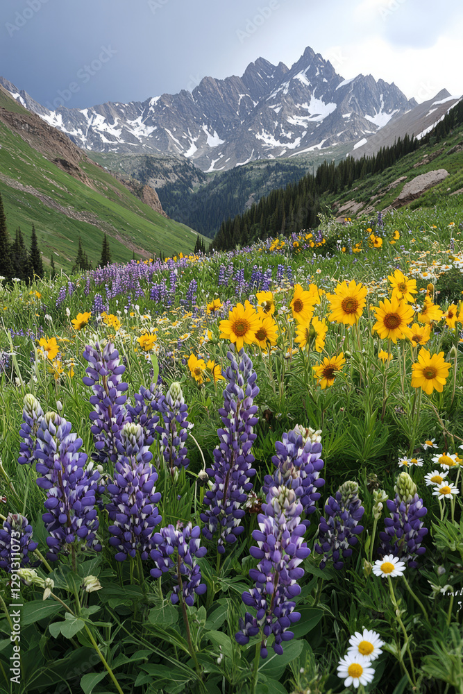 Obraz premium A mountain meadow filled with wildflowers, including vibrant purple lupines, golden sunflowers, and delicate daisies. The towering peaks in the background are covered with snow, and the air is fresh