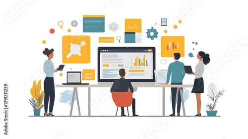 Employee satisfaction and workplace success, happy professionals working with digital productivity tools, vector illustration