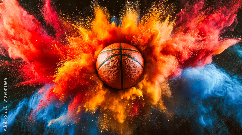 Fototapeta premium A basketball ball at the center of colored dust explosion.