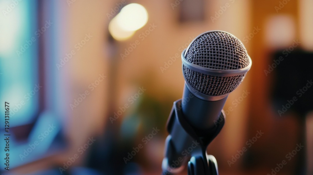 Close-up of a microphone in a softly lit room, ready for a performance, with blurred background elements Close-up of a microphone in a softly lit room, ready for a performance, with blurred background elements