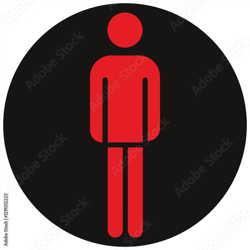 Simple red person icon standing within black circle, symbolizing individuality, isolation or focus