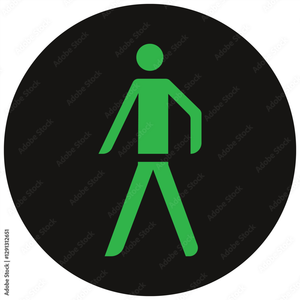 Green pedestrian symbol illuminated on a black circular background, indicating it is safe to cross the street Green pedestrian symbol illuminated on a black circular background, indicating it is safe to cross the street