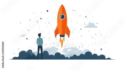 Startup founder standing proudly as a rocket takes off, representing ambition and achievement, modern vector design photo