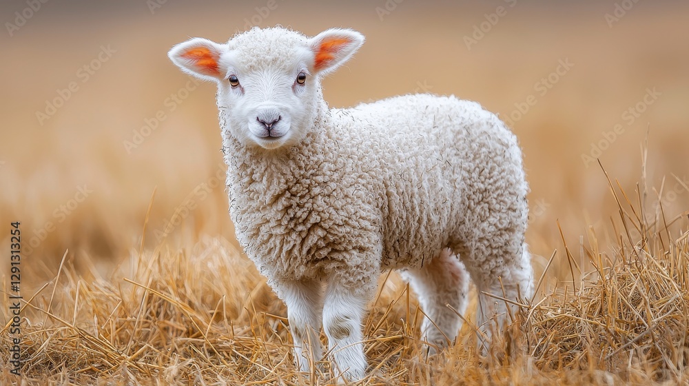 Fototapeta premium Charming and fluffy lamb standing in a golden field, vibrant and full of life in a pastoral setting, evoking feelings of innocence.