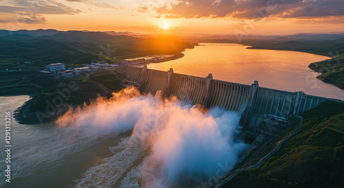 Hulun Buir Dam captures the sunset glow as water flows from its gates, surrounded by mountains and open waters reflecting the sky photo