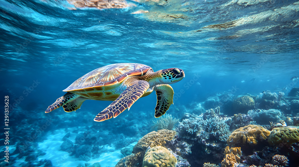 Fototapeta premium A sea turtle swimming gracefully in the clear blue ocean, surrounded by coral reefs and marine life 