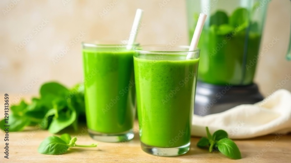 two glasses of fresh green spinach smoothie with white straws on a wooden table, surrounded by fresh spinach leaves and a blender filled with smoothie, concept of healthy nutrition, wellness, diet