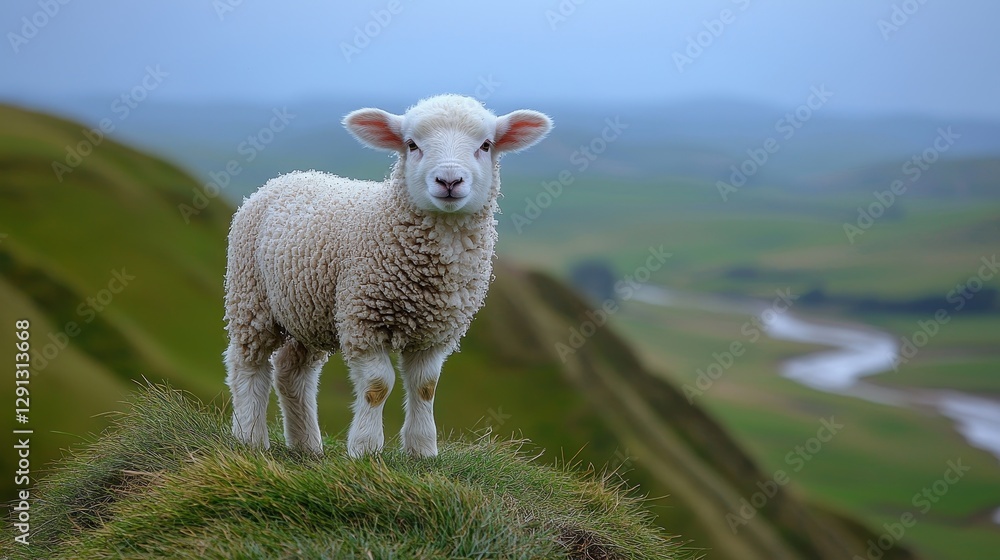 Obraz premium Adorable young lamb standing on a grassy knoll overlooking lush green hills and a winding river in the distance.