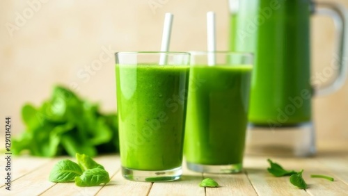 two glasses of fresh green spinach smoothie with white straws on a rustic wooden table, accompanied by fresh spinach leaves and a blender in the blurred background, healthy drinks, organic food,