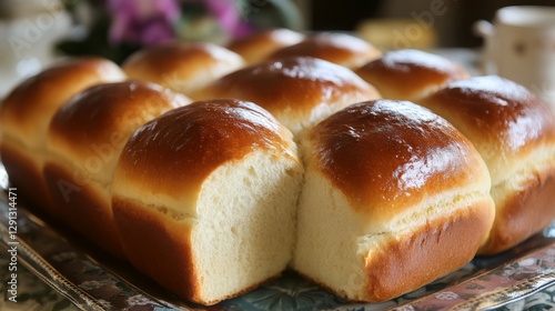 Freshly baked golden dinner rolls arranged neatly on an elegant tray, with soft lighting and floral background
