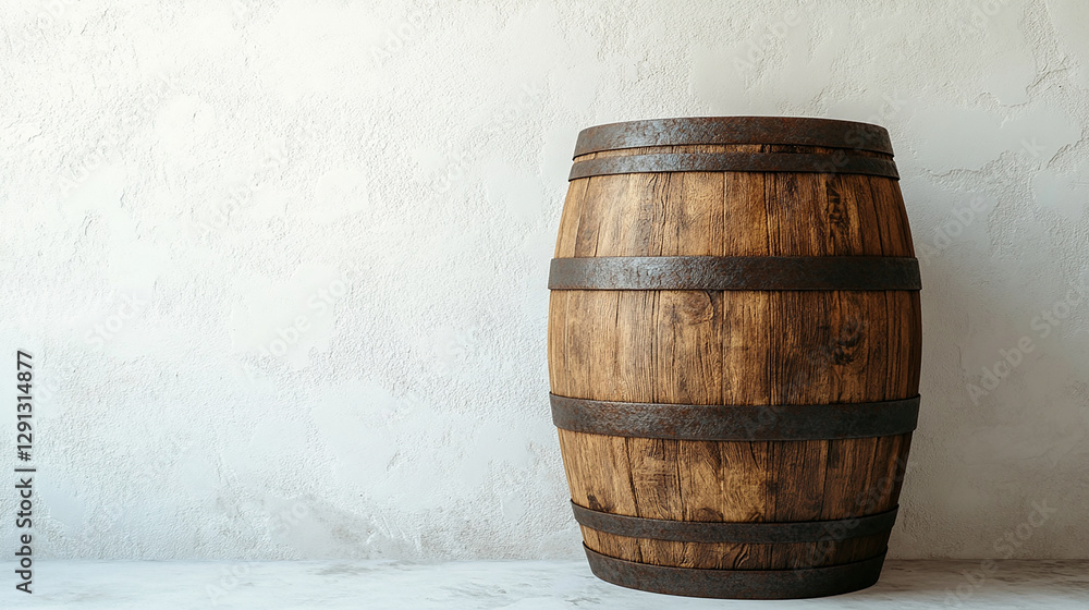 A sturdy wooden barrel standing alone against a white A sturdy wooden barrel standing alone against a white