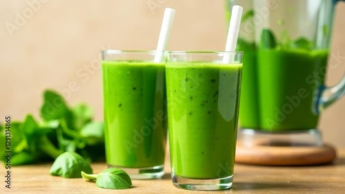 two glasses of vibrant green spinach smoothie with white straws on a wooden table, fresh spinach leaves and a blender in the background, concept of healthy eating, nutrition, wellness industry