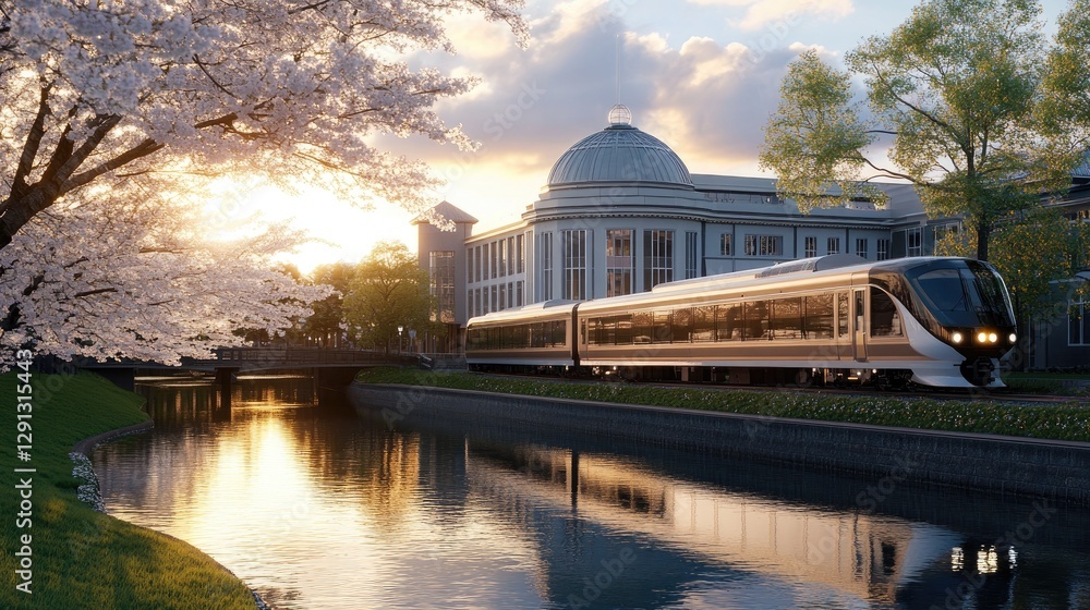 Obraz premium Springtime brings cherry blossoms at sunrise, creating a beautiful reflection in the river with an iconic building in the backdrop