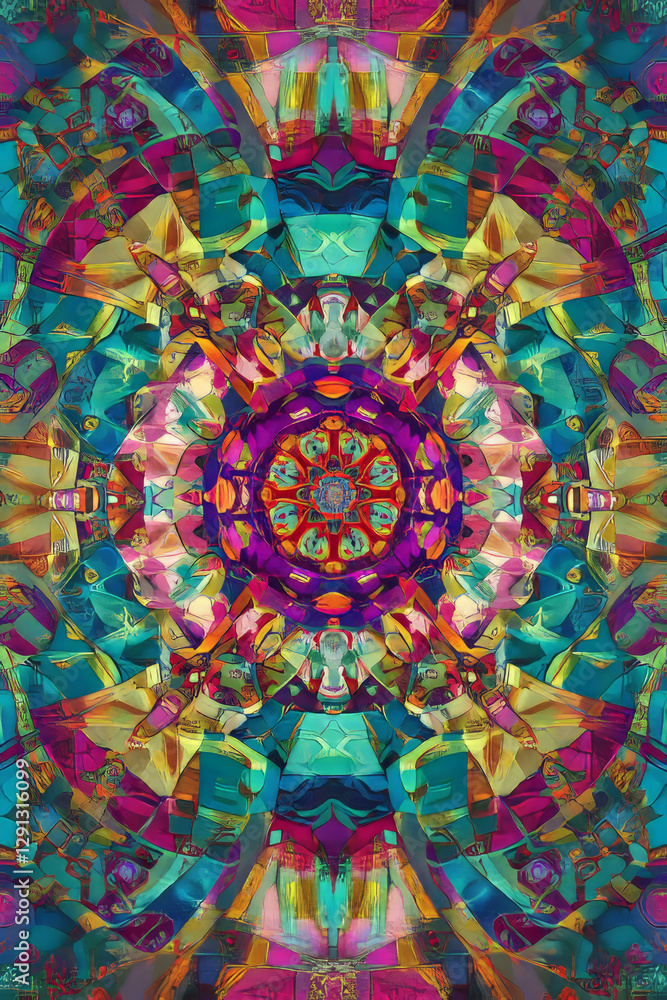 Obraz premium A mesmerizing kaleidoscope pattern with intricate symmetry and vibrant, jewel toned colors, creating a dynamic and engaging effect.