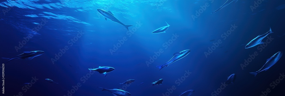 Obraz premium 3d background minimalistic mockup with space for text, glowing fish swimming through a deep blue gradient
