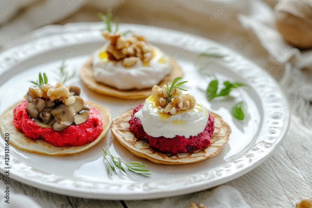 Delicate presentation of three mini crepes on a white ceramic plate: mushroom paste with truffle oil, beet hummus with cream cheese, and yogurt with honey and walnuts. Delicate presentation of three mini crepes on a white ceramic plate: mushroom paste with truffle oil, beet hummus with cream cheese, and yogurt with honey and walnuts.