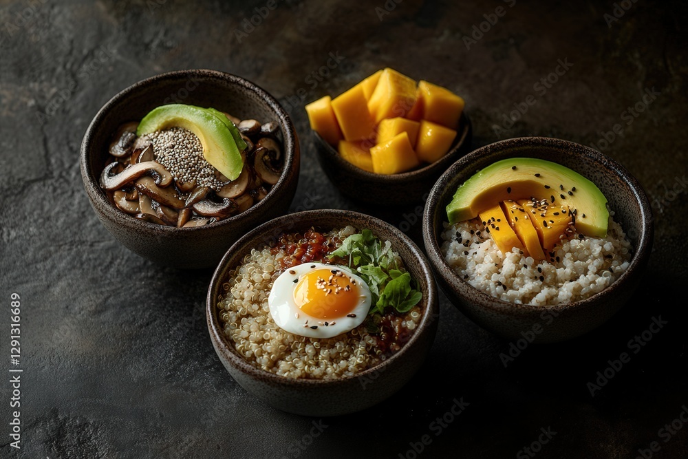 Three tiny bowls on a dark, moody backdrop, showcasing quinoa with sautéed mushrooms and a quail egg, oatmeal with mango chunks and chia seeds, and rice with avocado slices and soy sauce. Three tiny bowls on a dark, moody backdrop, showcasing quinoa with sautéed mushrooms and a quail egg, oatmeal with mango chunks and chia seeds, and rice with avocado slices and soy sauce.