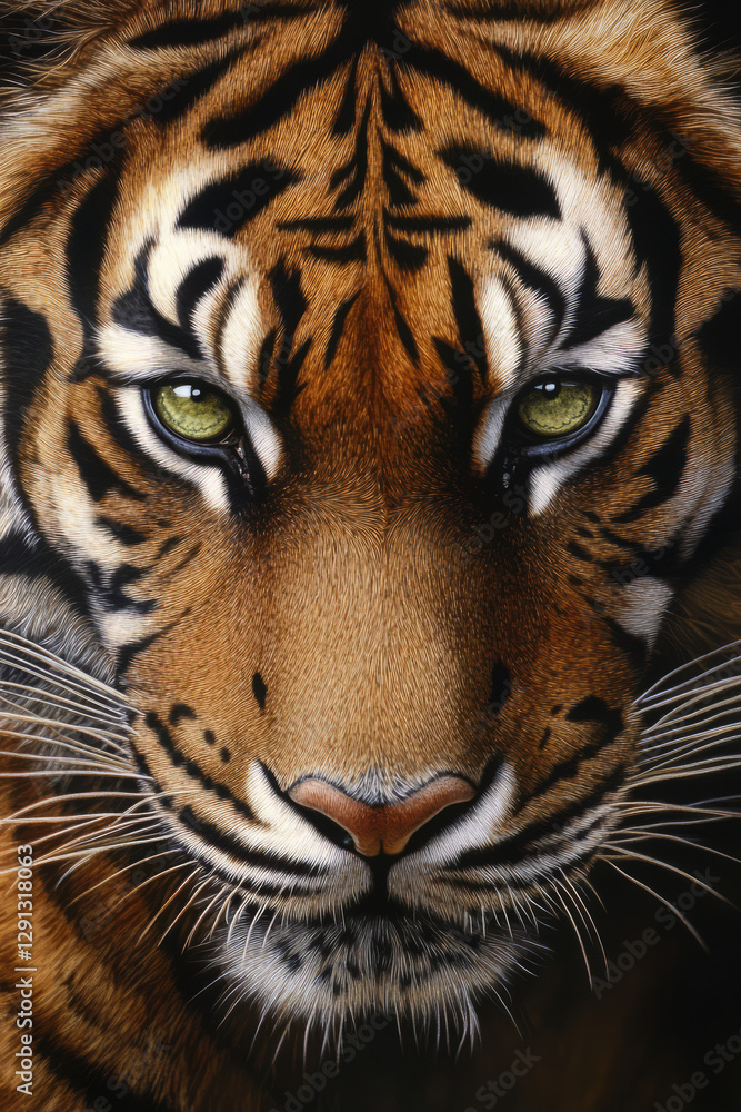 Fototapeta premium A highly detailed, close up portrait of a Bengal tiger staring directly at the viewer. The golden orange fur contrasts sharply with the bold black stripes, and the intensity of its piercing green eyes