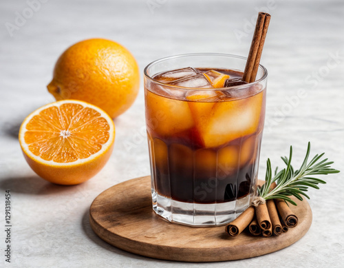 A glass of iced americano black coffee and layer of orange and lemon juice decorated