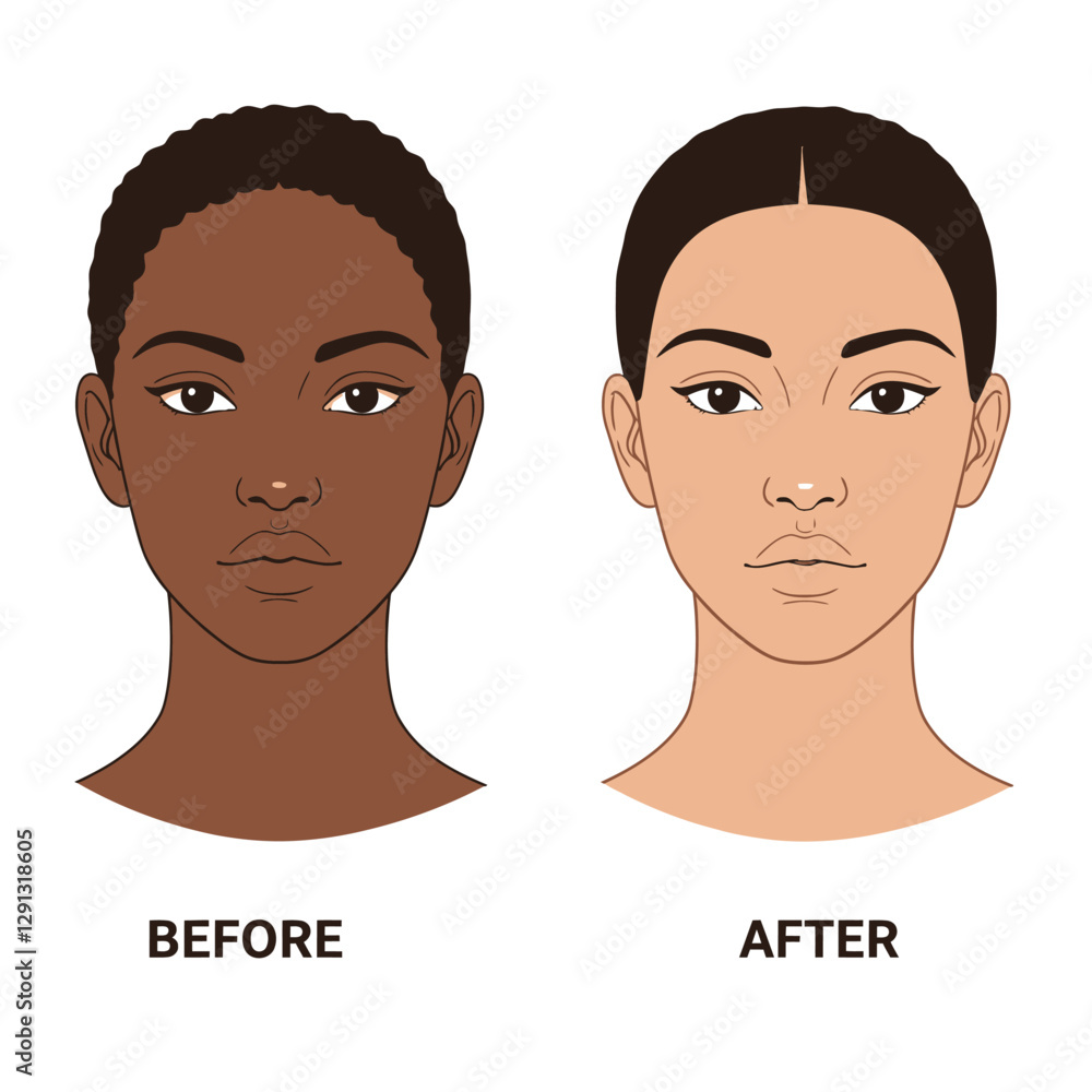 Skin Transformation: Illustrative comparison, beauty, diversity and skin tones. Skin Transformation: Illustrative comparison, beauty, diversity and skin tones.