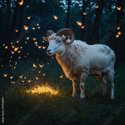A magical scene of a glowing white ram surrounded by floating fireflies at dusk.