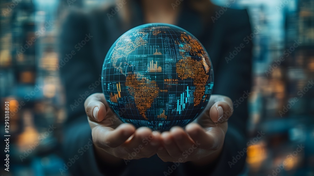 Fototapeta premium Professional holding a futuristic globe with financial arrows pointing up, market development and progress, vector
