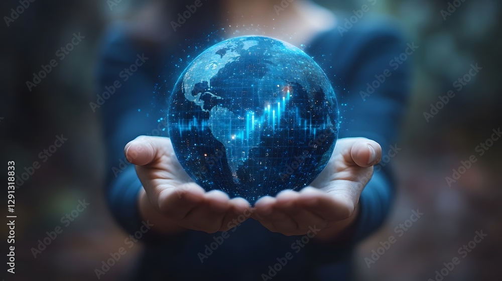 Professional holding a futuristic globe with financial arrows pointing up, market development and progress, vector Professional holding a futuristic globe with financial arrows pointing up, market development and progress, vector