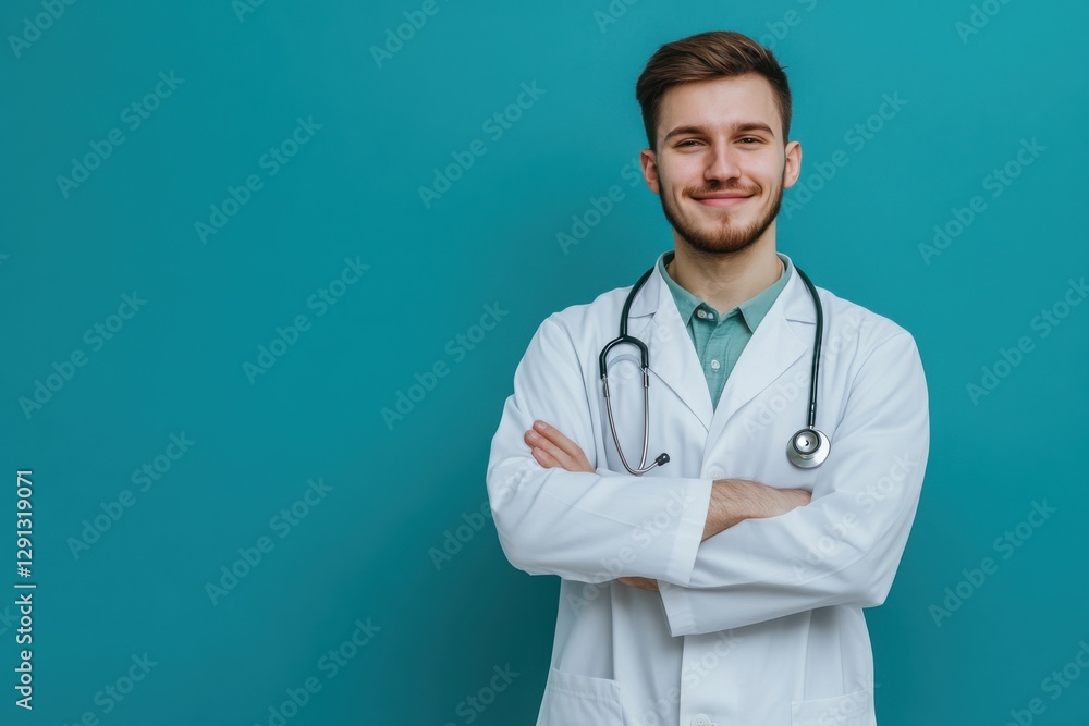 Portrait of a confident friendly young male doctor isolated on blue background. Professional image photo with copy space. Celebration of National Doctor’s Day Portrait of a confident friendly young male doctor isolated on blue background. Professional image photo with copy space. Celebration of National Doctor’s Day