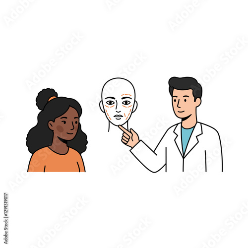 Cosmetic Consultation: A medical professional guiding a patient through a facial assessment. The consultation captures the moment of discussion about medical procedure with illustrative art style.