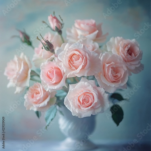 Vase with pink roses in impressionist style still life