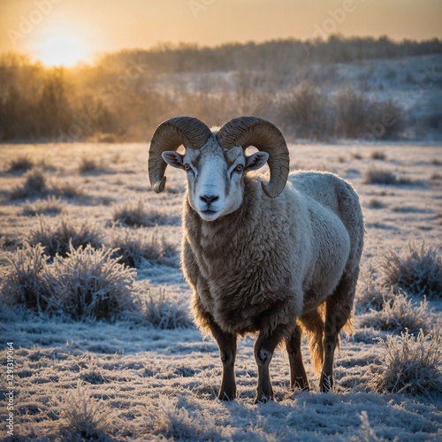 A ram with icy-blue eyes standing in a frosty meadow as the sun sets.