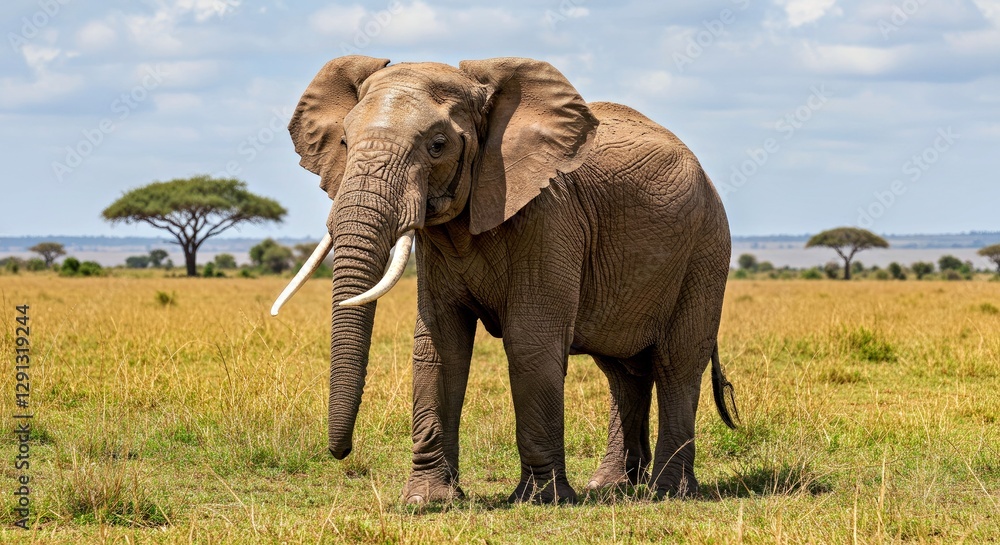 Obraz premium A Regal African Elephant Walking Through a Sunlit Savanna in the Maasai Mara. Highlight Its Textured, Wrinkled Skin, Large Flapping Ears, and Powerful Tusks 