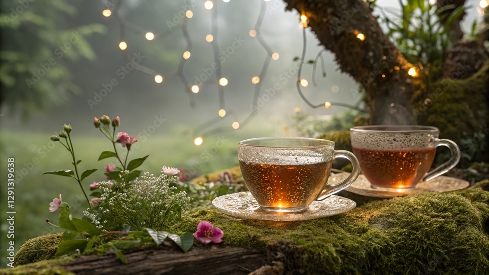 Beautiful condensation patterns on glass cups of tea surrounded by nature in a serene, misty garden setting during early morning hours Beautiful condensation patterns on glass cups of tea surrounded by nature in a serene, misty garden setting during early morning hours