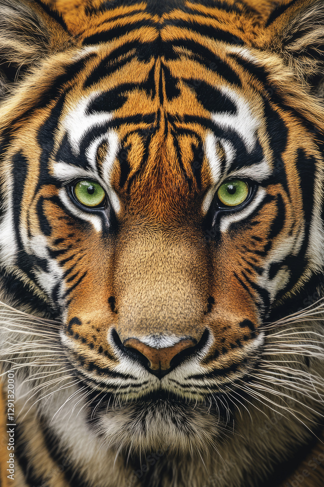 Fototapeta premium A highly detailed, close up portrait of a Bengal tiger staring directly at the viewer. The golden orange fur contrasts sharply with the bold black stripes, and the intensity of its piercing green eyes