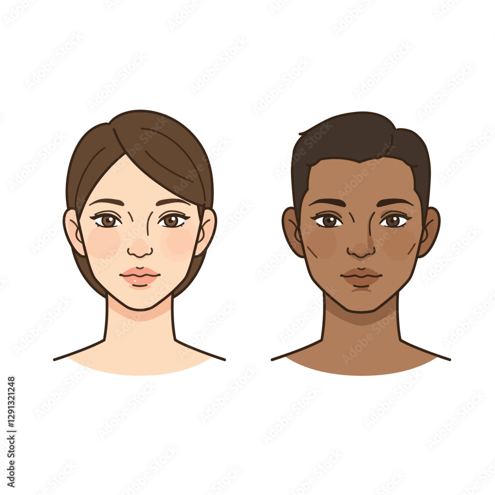 Diverse Faces: A pair of stylized illustrations showcasing the beauty of diversity through portraits of individuals with varying skin tones and features. Diverse Faces: A pair of stylized illustrations showcasing the beauty of diversity through portraits of individuals with varying skin tones and features.