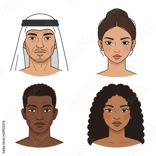 Faces of the World: A diverse collection of portraits showcasing different ethnicities, capturing the beauty and uniqueness of human faces in an inclusive illustration.